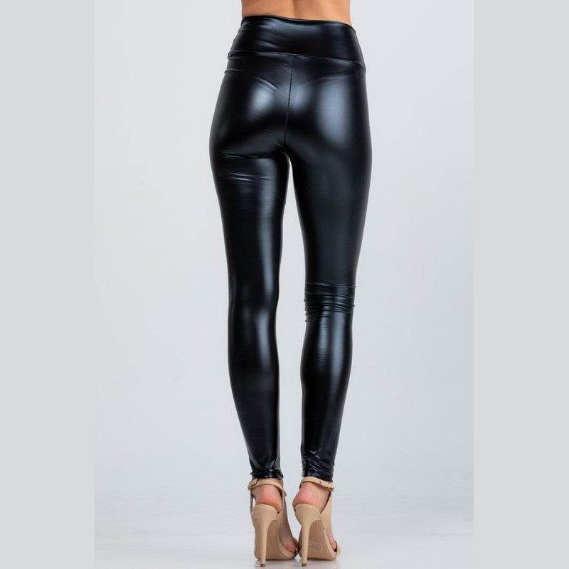 Jet black high waist shiny PU leather leggings - VacationGrabs
