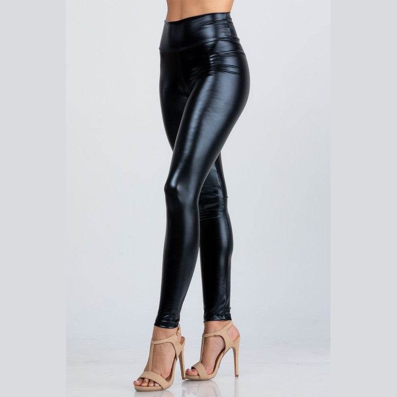 Jet black high waist shiny PU leather leggings - VacationGrabs