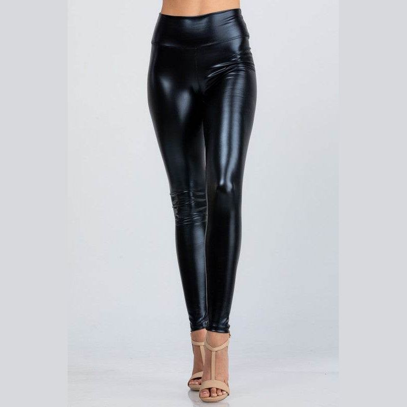 Jet black high waist shiny PU leather leggings - VacationGrabs