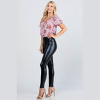 Jet black high waist shiny PU leather leggings - VacationGrabs