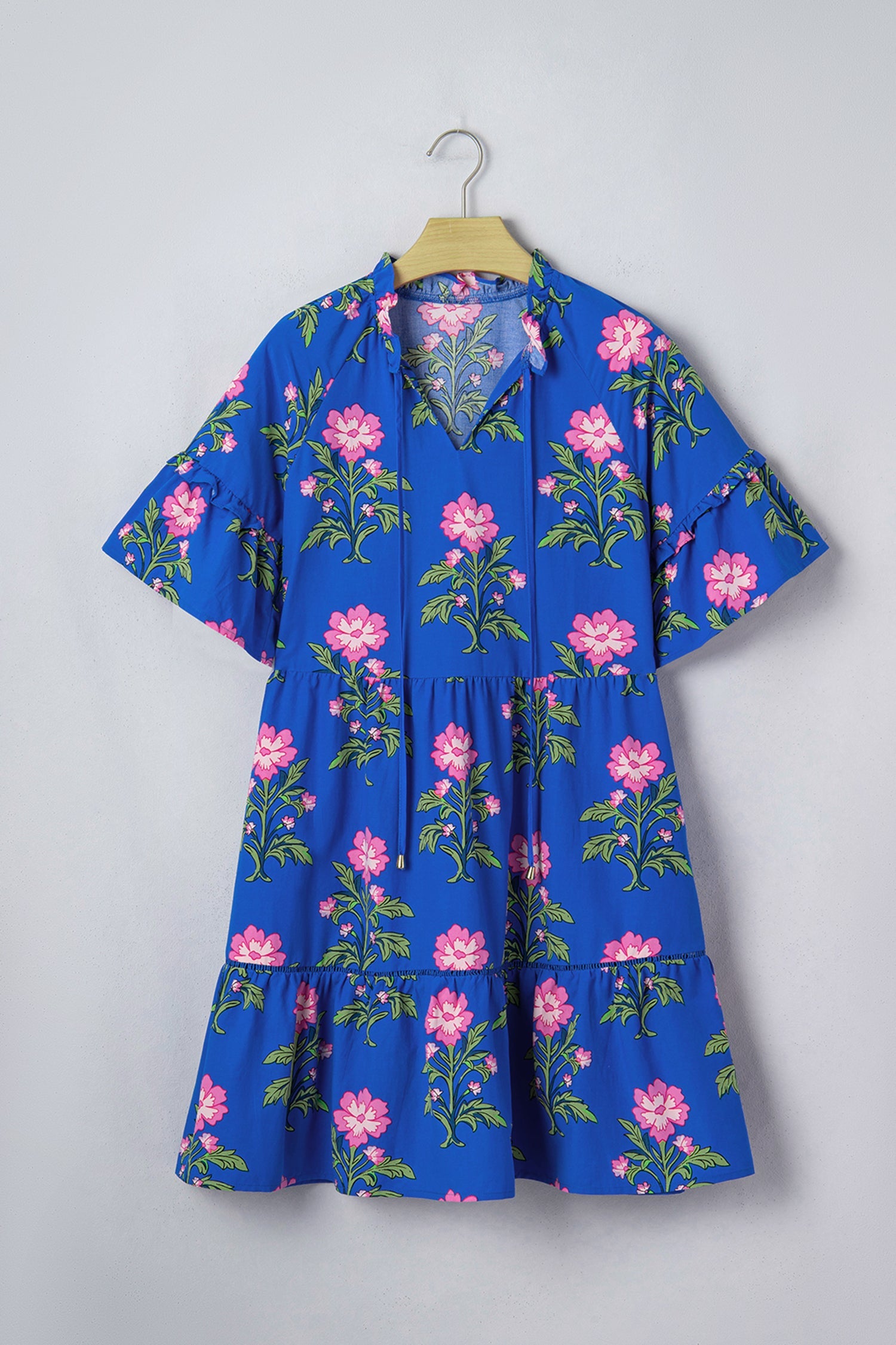 Floral Tie V-Neck Short Sleeve Mini Dress