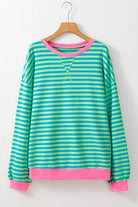 Sky Blue Stripe Oversized Contrast Trim Pullover Sweatshirt - VacationGrabs