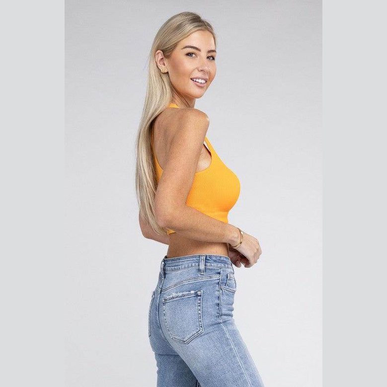 Ribbed Cropped Racerback Tank Top - VacationGrabs