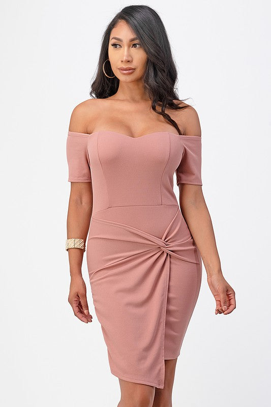 Women's DressesOff the Shoulder Front Twist Bodycon Dress - VacationGrabs