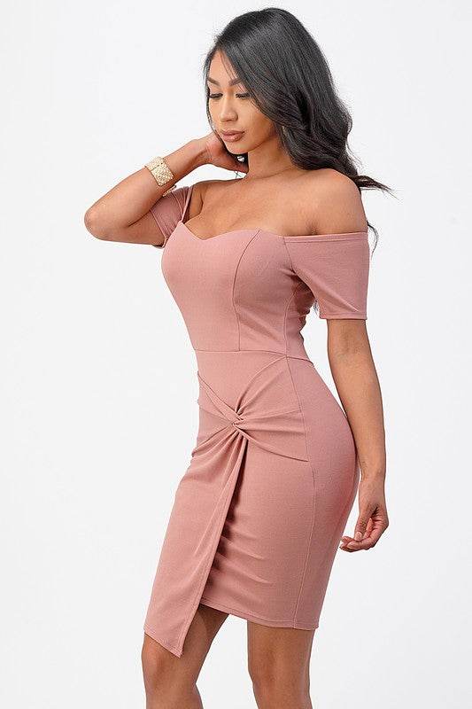 Off the Shoulder Front Twist Bodycon Dress - VacationGrabs