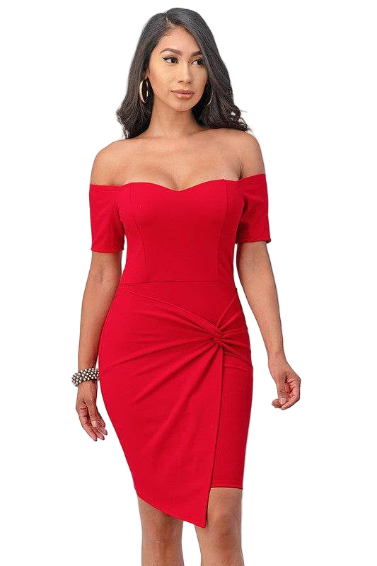 Off the Shoulder Front Twist Bodycon Dress - VacationGrabs