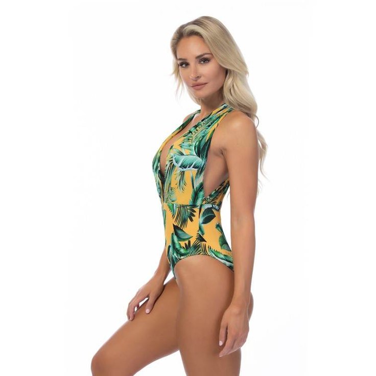 Ribbed Tropical V Neck One Piece Swimsuit - VacationGrabs