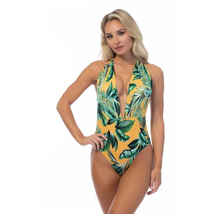 Ribbed Tropical V Neck One Piece Swimsuit - VacationGrabs