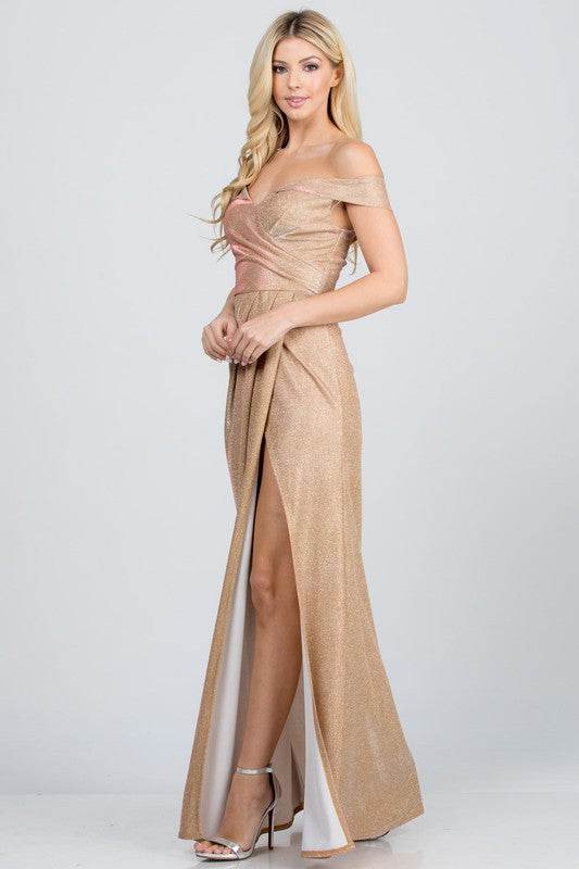 Off Shoulder Glittery Jacquard Gathered Gown - VacationGrabs