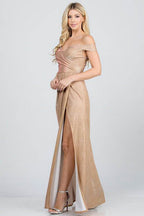 Off Shoulder Glittery Jacquard Gathered Gown - VacationGrabs