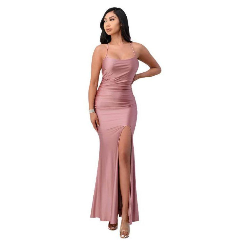 Back lace up mermaid dress with waist shirring - VacationGrabs