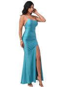 Back lace up mermaid dress with waist shirring - VacationGrabs