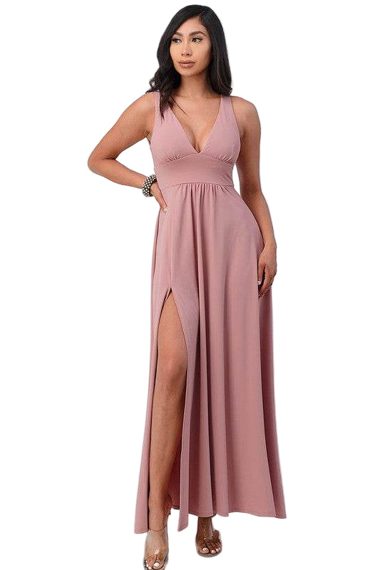 Matte Tricot Deep V Neck A Line Dress - VacationGrabs