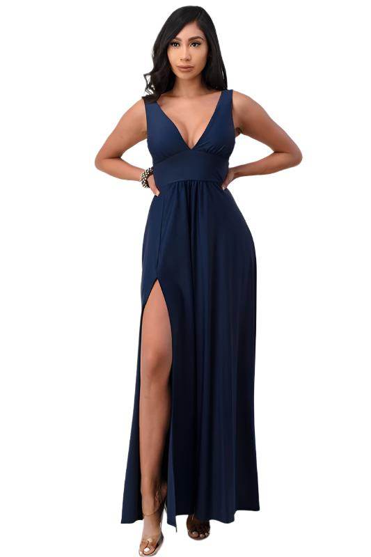 Matte Tricot Deep V Neck A Line Dress - VacationGrabs