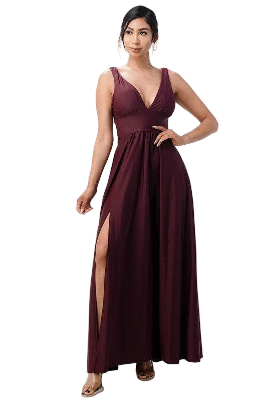 Matte Tricot Deep V Neck A Line Dress - VacationGrabs