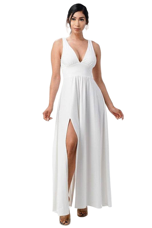 Matte Tricot Deep V Neck A Line Dress - VacationGrabs