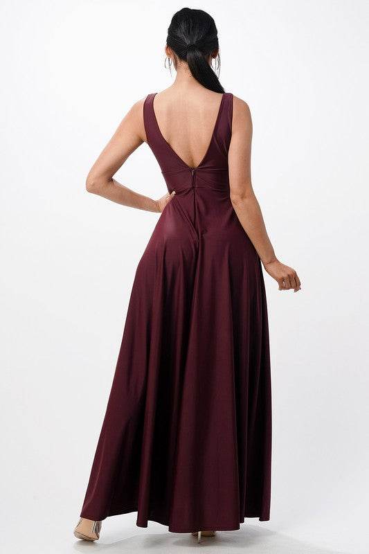Matte Tricot Deep V Neck A Line Dress - VacationGrabs