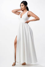 Matte Tricot Deep V Neck A Line Dress - VacationGrabs