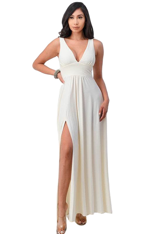 Matte Tricot Deep V Neck A Line Dress - VacationGrabs