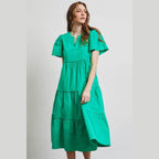 HEYSON Full Size Cotton Poplin Ruffled Tiered Midi Dress - VacationGrabs