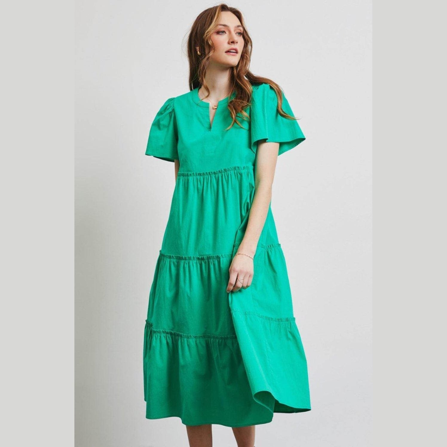 HEYSON Full Size Cotton Poplin Ruffled Tiered Midi Dress - VacationGrabs