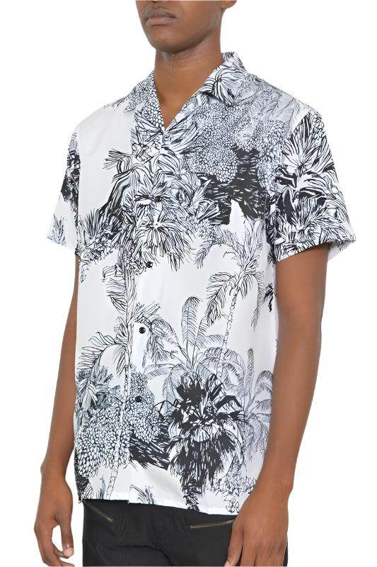 Men's White Black Print Button Down Shirt - VacationGrabs