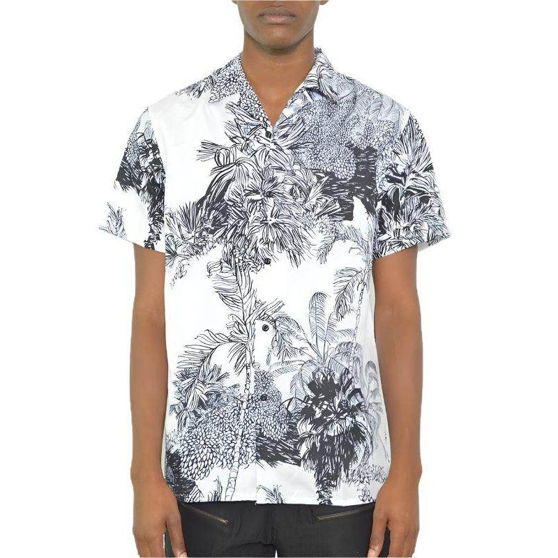Men's White Black Print Button Down Shirt - VacationGrabs