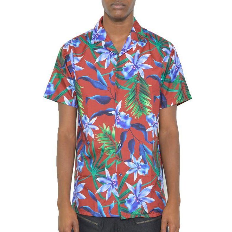 Men's Tropical Red Button Down Shirt Print - VacationGrabs