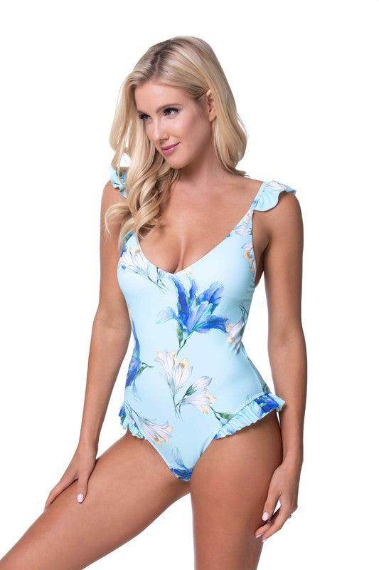 Blue Floral Ruffle One Piece Swimwear - VacationGrabs