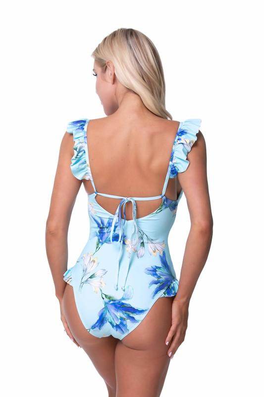 Blue Floral Ruffle One Piece Swimwear - VacationGrabs