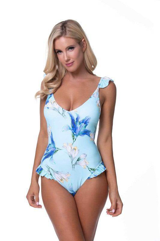 Blue Floral Ruffle One Piece Swimwear - VacationGrabs