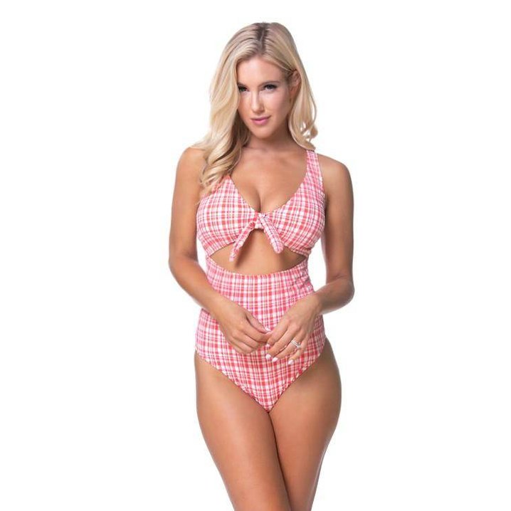 Plaid Cutout One Piece Swimsuit - VacationGrabs