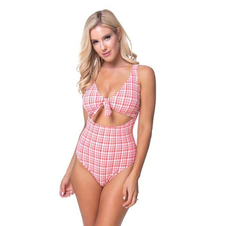 Plaid Cutout One Piece Swimsuit - VacationGrabs