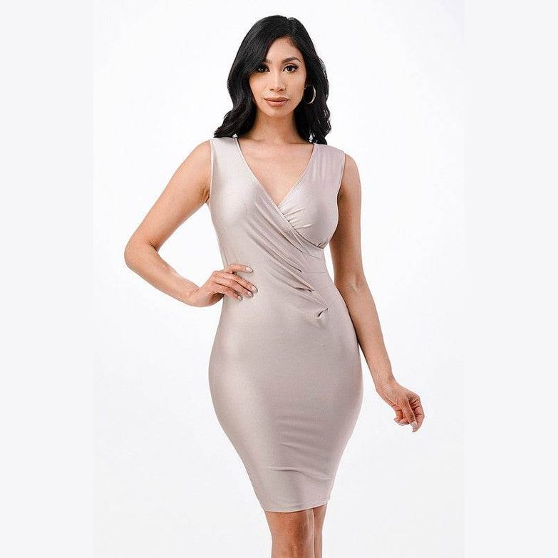 Overlap Tricot Tanya Dress with Side Pleats - VacationGrabs