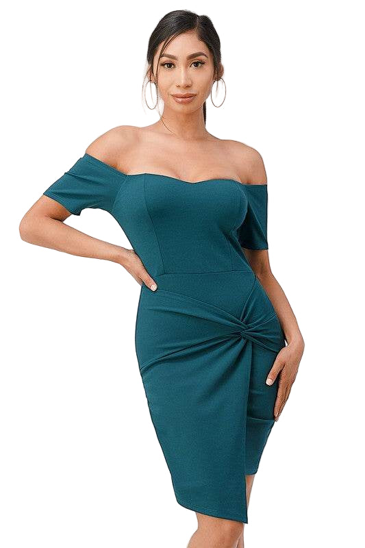 Off the Shoulder Front Twist Bodycon Dress - VacationGrabs