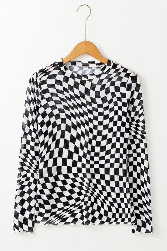 JUNIPER BLVD long sleeve checkerboard shirt women in a black and white twisted pattern