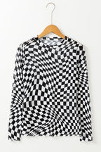 JUNIPER BLVD long sleeve checkerboard shirt women in a black and white twisted pattern
