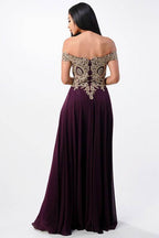 Plus Size Off Shoulder Chiffon Gown with Gold Lace - VacationGrabs