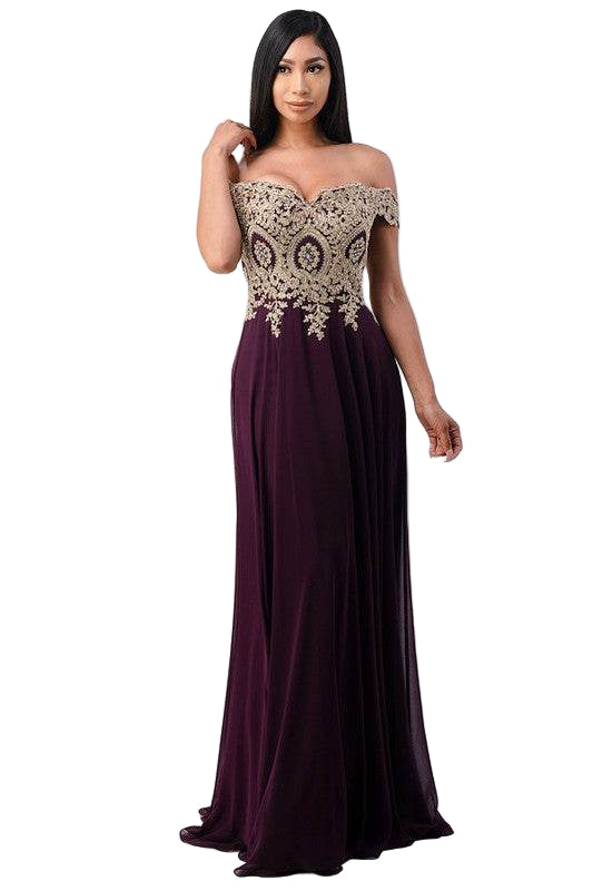 Plus Size Off Shoulder Chiffon Gown with Gold Lace - VacationGrabs
