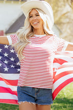 Stripe Contrast Trim Round Neck Puff Sleeve T-Shirt
