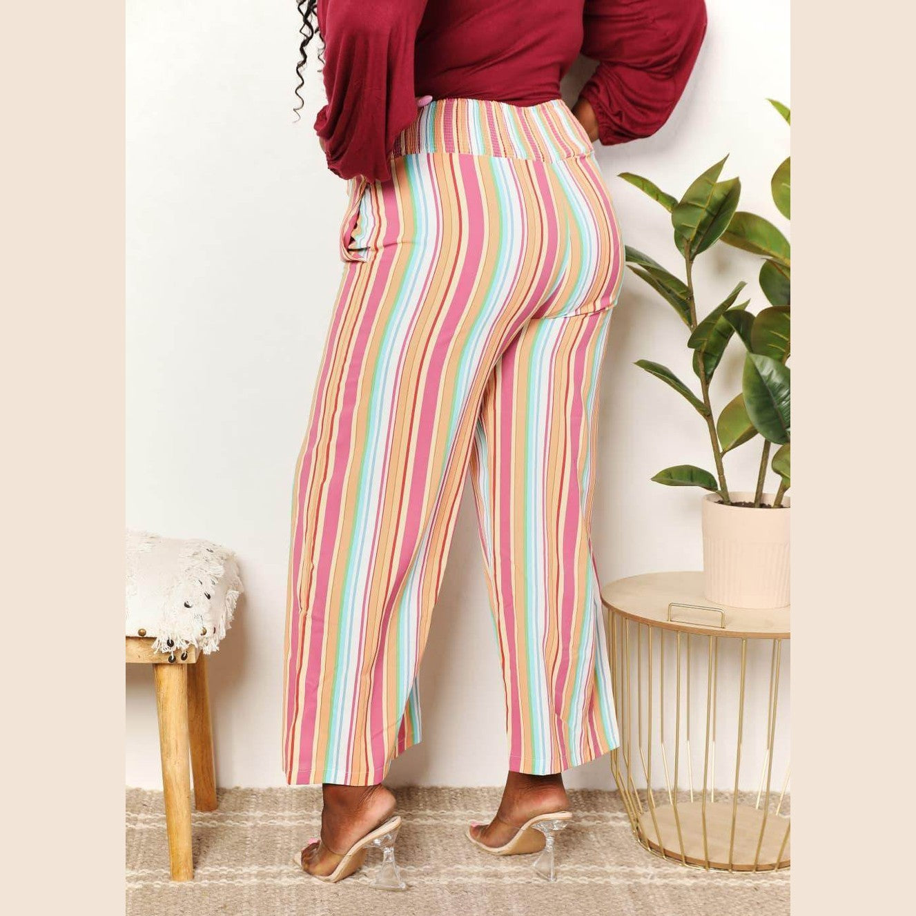 Double Take Striped Smocked Waist Pants with Pockets - VacationGrabs