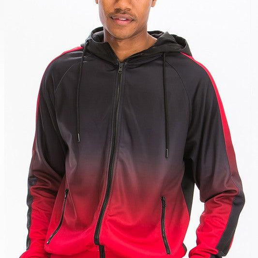 Men's 2PC Track Sets Black Red Full Zip Ombre Track Suit