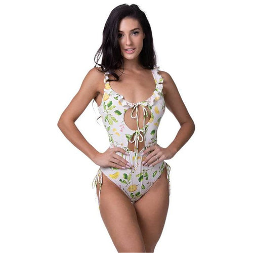 Lemon Print Ruffle Trim One Piece Swimsuit - VacationGrabs