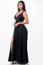 Matte Tricot Deep V Neck A Line Dress - VacationGrabs