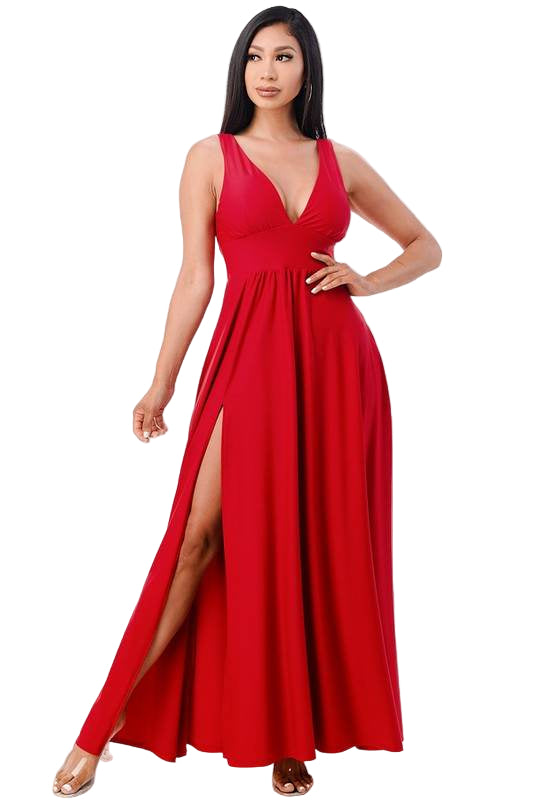 Matte Tricot Deep V Neck A Line Dress - VacationGrabs