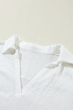 Embroidered Eyelet Crinkled Gauze Collared V-Neck Blouse