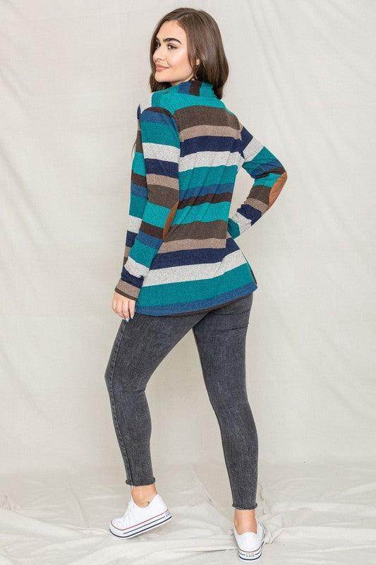 Stripe Elbow Patch Cardigan - VacationGrabs