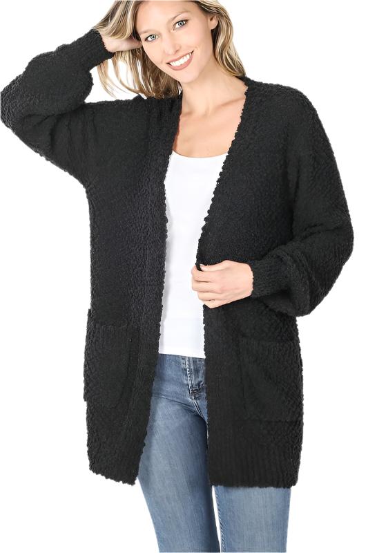 Women's Sweaters - CardigansPuff Sleeve Popcorn Cardigan With Pockets - VacationGrabs