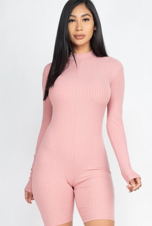 Women's Jumpsuits & Rompers Mock Neck Ribbed Romper