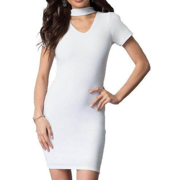 Juniors V-Neck Party Dress With Choker Neckline - VacationGrabs